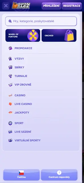 Hlavní menu s promoakcemi, turnaji a VIP úrovněmi v mobilní verzi Spinbara